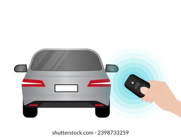 Hand Pressing Car Key Remote Control to Lock or Unlock Car. Car Alarm System. Vector Illustration. 