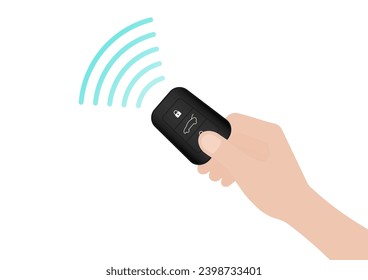 Hand Pressing Car Key Remote Control to Lock or Unlock Car. Car Alarm System. Vector Illustration. 
