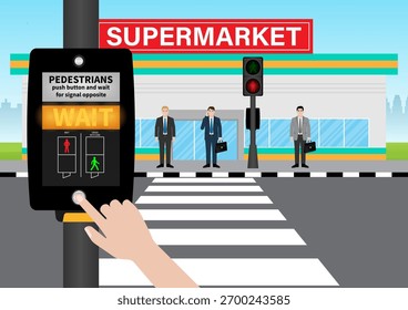 Mano que presiona el Botón del paso fronterizo. Botón de Tráfico Peatonal. Ilustración vectorial.