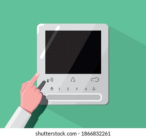 The hand pressing the door opening button on the door a video door phone closed screen. Modern video entry phone. Smart Home. Safety System.