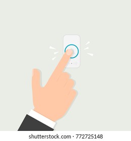 Hand pressing doorbell button. Vector illustration