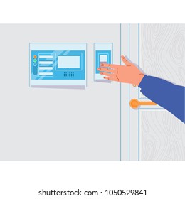 Hand, die den Doorbell-Buzzer drückt. Vektorillustration im Flachstil