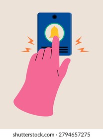 Hand pressing doorbell. Colorful vector illustration 