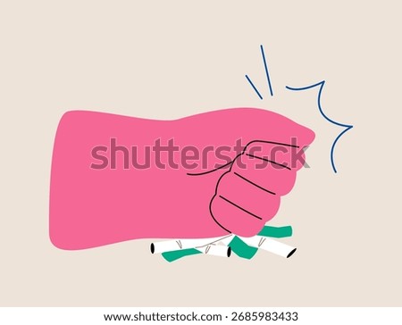 Hand pressing down cigarettes pile to break. Quit smoking concept. Colorful vector illustration
