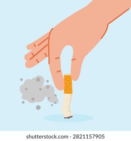 Hand pressing down to extinguish burning cigarette butt with ash cloud stop smoking campaign strong determination to quit addiction and healthy living decision