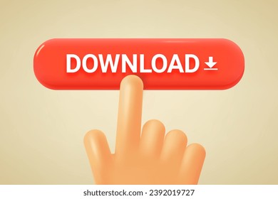 Hand pressing download button. 3d vector illustration