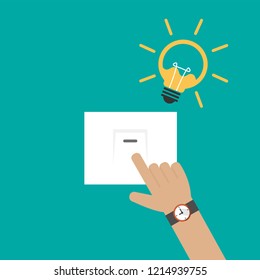 Hand pressing electronic switch and light bulb icon vector