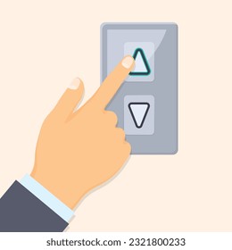 hand pressing the elevator lift up button; concept of success and growth- vector illustration