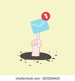 A Hand  pressing an email notification icon with one e-mail message. vector illustration