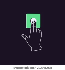 Hand pressing emergency and control button. Fingers pushing, turning on power. Line art forefinger ringing wall bell. Activation and starting concept. Linear Flat vector illustration