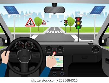 Hand Pressing Emergency Light Button in Car. Car Hazard Light Button. Vector Illustration. 