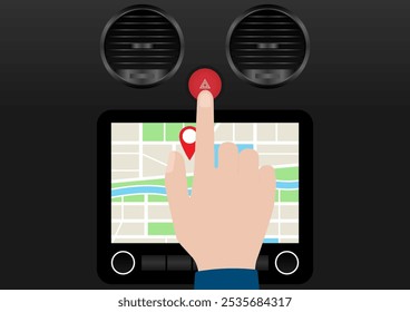 Hand Pressing Emergency Light Button in Car. Car Hazard Light Button. Vector Illustration. 