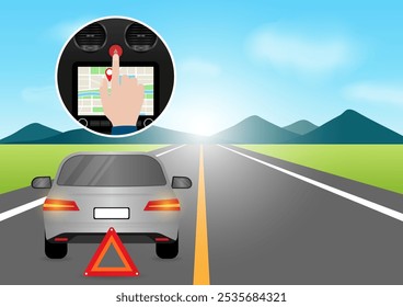 Mano que presiona el Botón de la luz de emergencia en coche. Botón de luz de peligro de coche. Ilustración vectorial. 