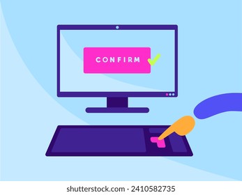 Hand pressing enter button on keyboard with finger, browser showing text tab on display, modern and vibrant flat vector illustration of computer in front view