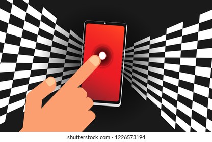 Hand pressing with finger button on the smartphone screen between black and white shapes