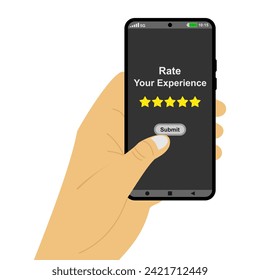 hand pressing five star rating and  submit button. vector illustration isolated on white background.