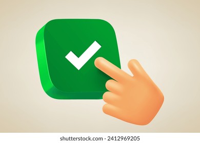 Hand pressing green button with checkmark. 3d vector illustration