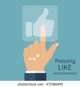 Hand pressing Like button. Touch sensory panel with sign vote. Vector illustration flat design style.