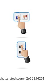 Hand pressing like and dislike button on mobile phone showing positive and negative feedback concept. User experience rating element.