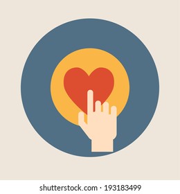 Hand pressing like ( heart ) button flat design vector illustration 