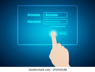 Hand pressing log-in touchscreen button to access the internet website.Vector illustration