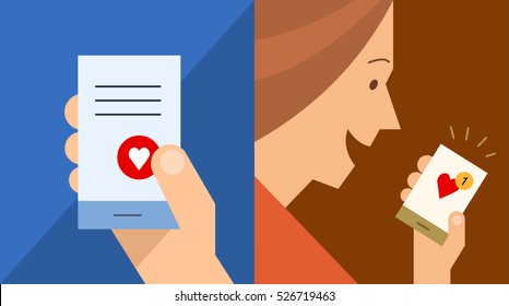Hand pressing love button on mobile phone. Another person receiving new like message on the phone. Flat style vector illustration.