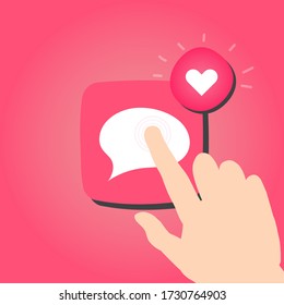 The hand is pressing the messaging app that have love notifications from her boyfriend/ his girlfriend. Online relationship. Concept of love. Valentine’s day.