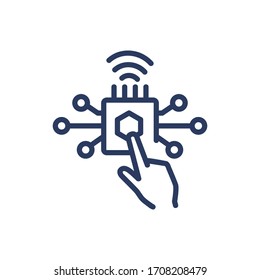 Hand pressing microchip button thin line icon. Control, development, interaction, isolated outline sign. Computer using concept. Vector illustration symbol element for web design and apps