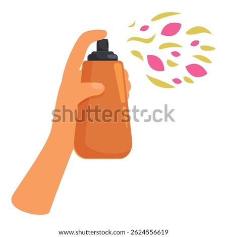Hand is pressing the nozzle of a spray bottle, releasing a scented mist with a floral design