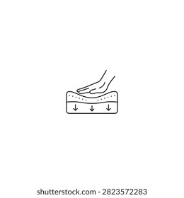 Hand pressing on memory foam mattress sleep comfort and pressure testing concept line art mattress pressure ergonomic illustration minimalist