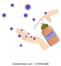 hand pressing on sanitizer gel pump bottle on the other hand to kill germ and malicious virus 