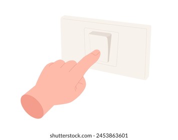 Hand pressing on switch isolated on white background. Concept of starting, turning on or turning off the light, hands pushing, pressing button, fingers, hitting, activating. Flat vector illustration.