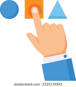 Hand pressing orange square button with blue circle and triangle nearby finger
