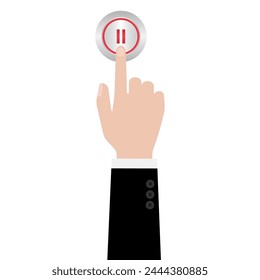 Hand Pressing Pause Button. Hand Click. Vector Illustration Isolated on White Background. 
