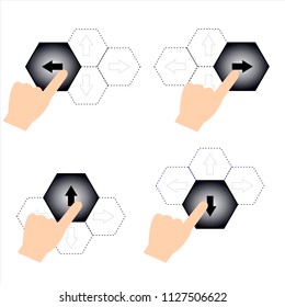 Hand pressing or pushing the button with arrows.Top view. Flat style