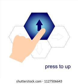 Hand pressing or pushing the up button.Top view. Flat style.
