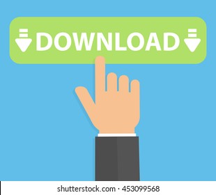 Hand pressing or pushing the download button. Flat design