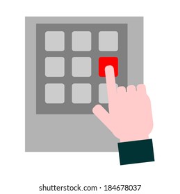 Hand pressing red button. 