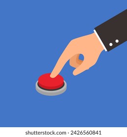 Hand pressing the red button in flat design.