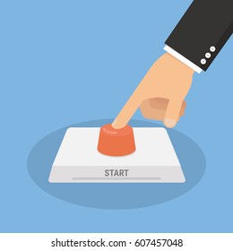 Hand pressing the red button. Flat style . Side view