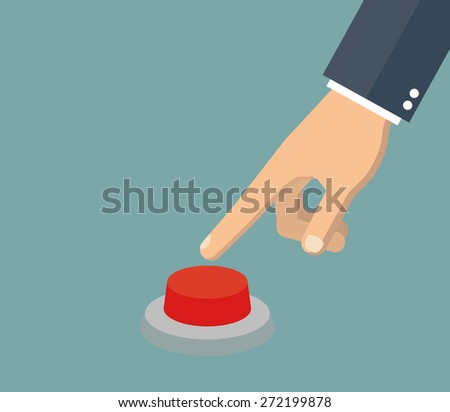 Hand pressing the red button. Flat style