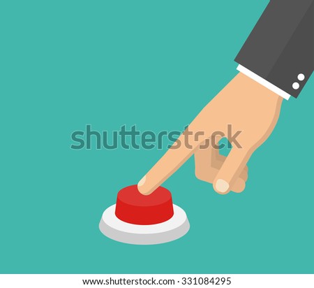 Hand pressing the red button. Flat style . Side view