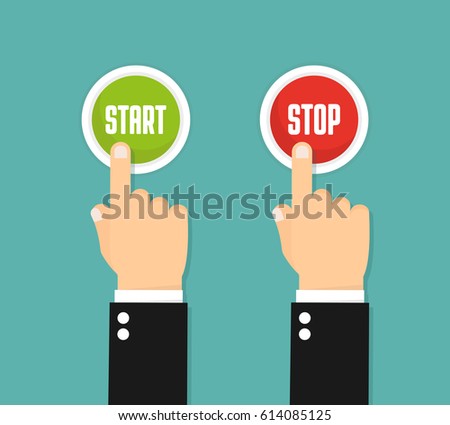 Hand pressing the red button. Flat style . Start and stop