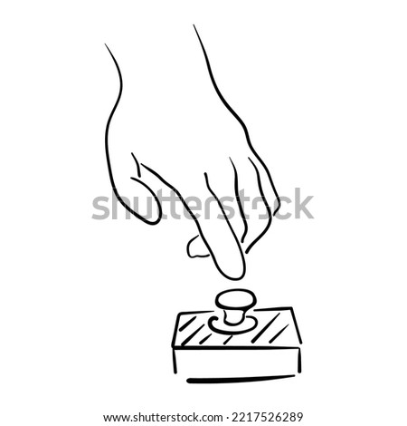 Hand pressing the red button. Hand-drawn . Side view