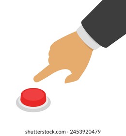 Hand pressing red button. Push finger key button. Flat style.