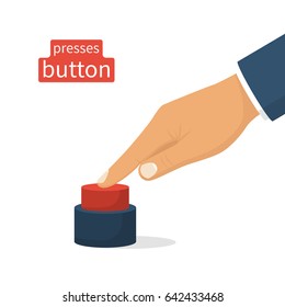 Hand Pressing Red Button. Push Finger. Vector Illustration Flat Design. Isolated On White Background.