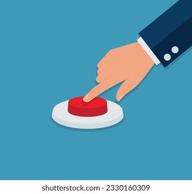 Botón rojo de presión de mano, vista superior, dibujo plano estilo plano concepto de negocio vectorial aislado
