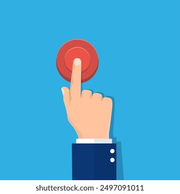 Hand pressing red button. Vector illustration in flat style