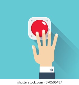 Hand pressing the red button   Vector image isolated blue background