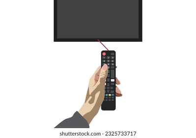 Control remoto de presión manual
delante de la tv aislada en fondo blanco